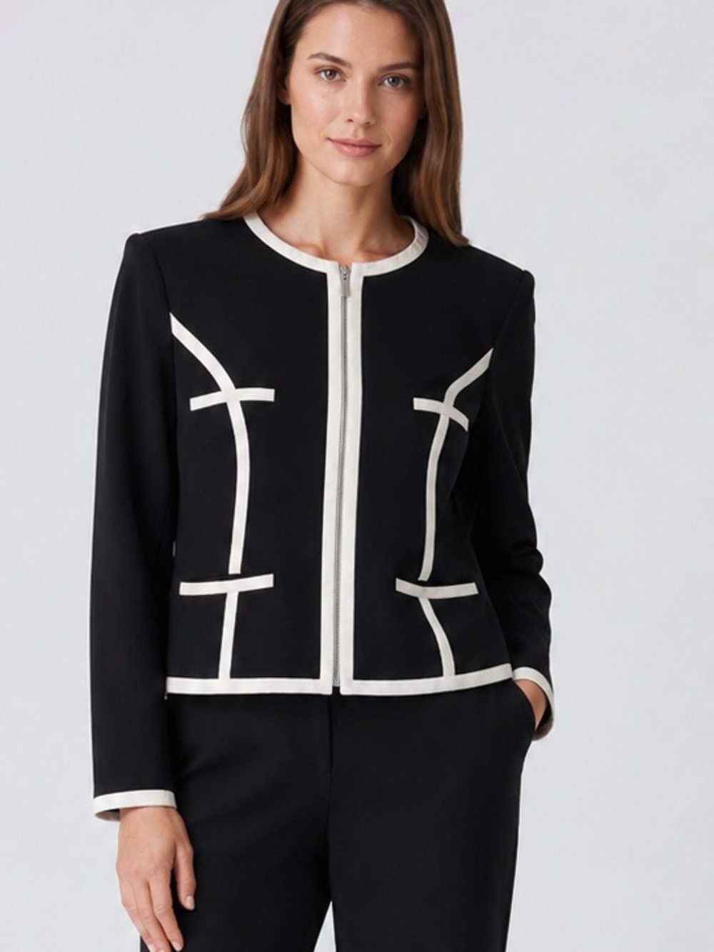 Calvin Klein Women’s Contrast Trim Zip Jacket Blazer 14 Black  White Career